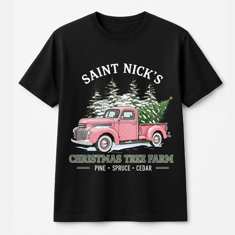 Pink Vintage Truck T-Shirt, Saint Nick's Christmas Tree Farm T-Shirt, Retro Holiday Farm Graphic T-Shirt, Adorable Xmas Tree Tee, Winter Present