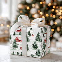 Pine Tree Christmas Gift Wrap, Watercolor Snowy Village Wrapping Paper, Winter Village Holiday Wrapping Paper, Rustic Xmas Gift Wrap Roll