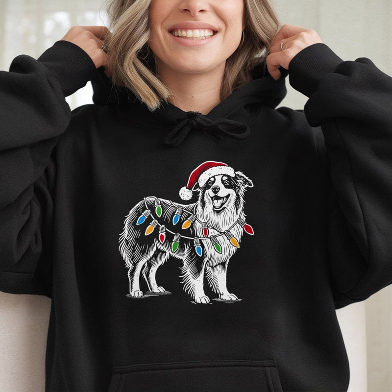 Santa Hat Aussie Dog Hoodie, Australian Shepherd Christmas Hoodie, Adorable Dog Lover Holiday Hoodie, Winter Animal Hooded Sweatshirt Dog Present