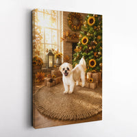 Holiday Puppy Sunflower Wall Art, Sunflower Christmas Dog Canvas, Festive Dog Christmas Tree Canvas Print, Autumn Sunflower Dog Decor