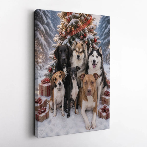 Holiday Dogs Christmas Tree Wall Art, Christmas Dog Pack Portrait Canvas, Snowy Winter Dog Canvas Print, Festive Pet Wall Dec