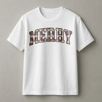 Plaid Collegiate Graphic Shirt, Merry Christmas T-Shirt, Retro Holiday Graphic Tee, Festive Xmas Typography T-Shirt, Winter Graphic Tee