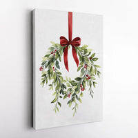 Red Bow Holly Berry Canvas Print, Watercolor Christmas Wreath Canvas Wall Art, Farmhouse Holiday Wall Decor, Winter Season Christmas Canvas