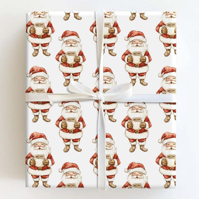 Watercolor Santa Claus Gift Wrap, Coffee Santa Christmas Wrapping Paper, Holiday Coffee Lover Wrapping Paper Roll, Festive Xmas Gift Wrap
