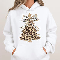Festive Polka Dot Bow Hooded Sweatshirt, Leopard Print Christmas Tree Hoodie, Adorable Xmas Tree Graphic Pullover, Winter Holiday Hoodie Present
