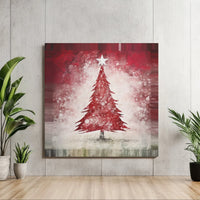 Rustic Snowy Winter Canvas Print, Red Christmas Tree Canvas Wall Art, Holiday Tree Painting, Festive Square Canvas Home Decor Present