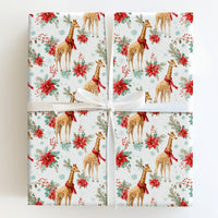 Watercolor Winter Animal Gift Wrap, Christmas Giraffe Wrapping Paper, Poinsettia Holiday Present Paper, Festive Xmas Wrap Roll