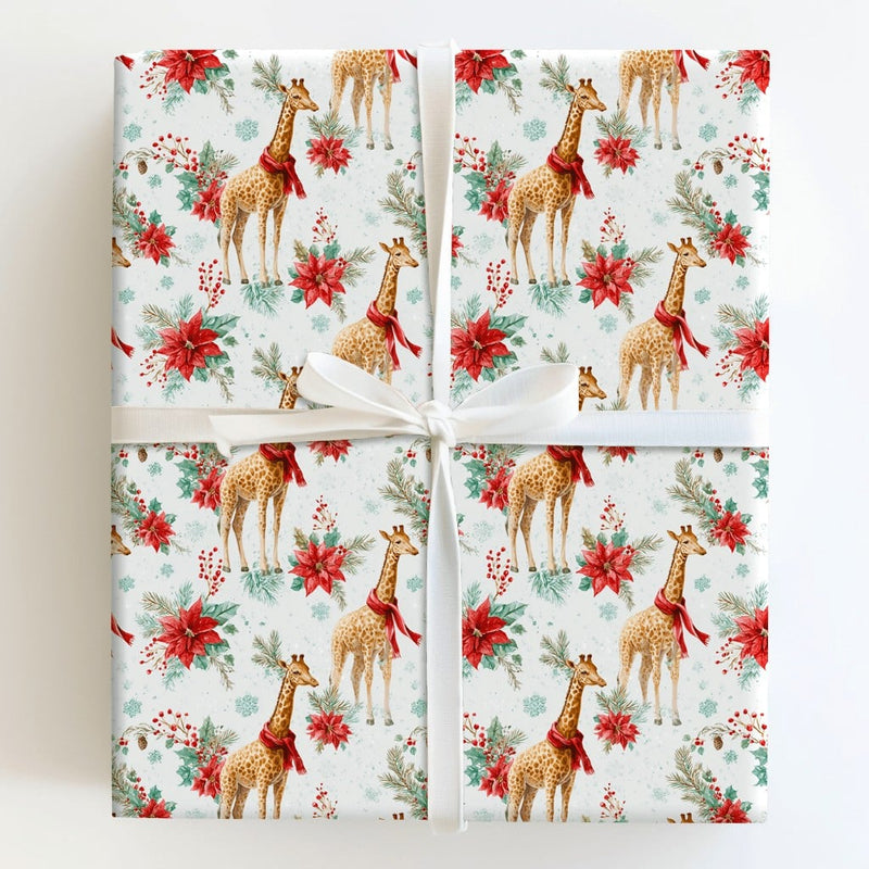 Watercolor Winter Animal Gift Wrap, Christmas Giraffe Wrapping Paper, Poinsettia Holiday Present Paper, Festive Xmas Wrap Roll