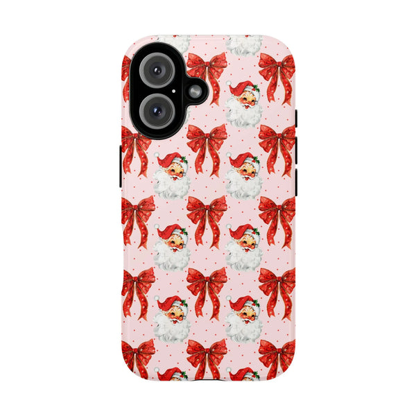 Christmas Red Bow Pattern Cover, Vintage Santa Phone Case for iPhone, Retro Holiday Xmas Aesthetic Phone Case, Dual Layer Tou