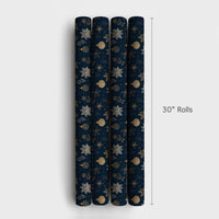 Floral Christmas Gift Wrap, Navy Blue Gold Poinsettia Wrapping Paper, 90 GSM Fine Art Paper, Luxury Holiday Present Wrapping Roll