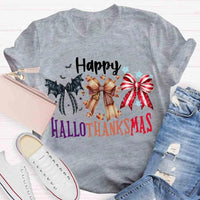 Halloween Thanksgiving Christmas Shirt, Happy Hallothanksmas Bow T-Shirt, Humorous Fall Holiday Mashup Graphic Tee, Autumn Coquette Top
