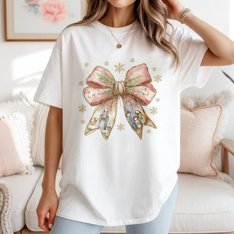 Christian Christmas Graphic Tee, Nativity Scene Coquette Bow T-Shirt, Religious Faith Holy Family Shirt, Holiday Jesus Nativity Tee