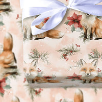 Watercolor Poinsettia Gift Wrap, Winter Fox Wrapping Paper, Woodland Red Fox Wrapping Paper, Christmas Holiday Floral Gift Wrap
