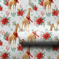 Watercolor Winter Animal Gift Wrap, Christmas Giraffe Wrapping Paper, Poinsettia Holiday Present Paper, Festive Xmas Wrap Roll