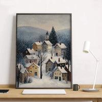 Comfy Snowy Town Painting Print, Winter Village Wall Art Poster, Rustic Christmas Holiday Poster, Seasonal Living Room Wall Decor Present