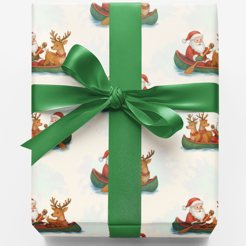 Christmas Holiday Gift Wrap, Santa and Reindeer Canoeing Wrapping Paper, Festive Outdoor Santa Wrapping Paper Roll, Xmas Present