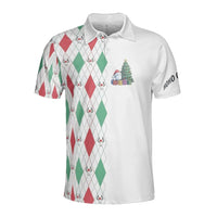 Humorous Holiday Argyle Golf Ball Tree Polo Shirt, Christmas Golf Polo Shirt, Festive Xmas Golfer Performance Top, Mens Holiday Present