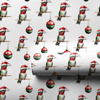 Xmas Bird Gift Wrap, Santa Hat Hummingbird Wrapping Paper, Festive Ornament Holiday Paper, Christmas Gift Wrap Roll