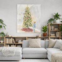 Watercolor Child in Pajamas Print, Christmas Tree Canvas Art, Holiday Nursery Canvas Wall Art, Festive Christmas Canvas Decor Present
