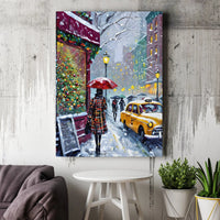Snowy Cityscape Yellow Taxi Red Umbrella Print, NYC Christmas Canvas Wall Art, Winter New York City Canvas Decor, Holiday Wall Art