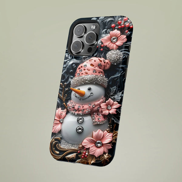 3D Winter Holiday Phone Case, Pink Jeweled Floral Snowman iPhone Case, Adorable Festive Tough Phone Cover, Christmas Phone Ca