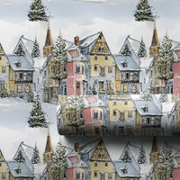 Quaint Holiday Town Gift Wrap, Watercolor Snowy European Village Wrapping Paper, Comfy Christmas Present Wrap, Festive Winter Present Paper Roll
