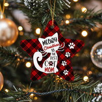 Red Buffalo Plaid Cat Lover Star Keepsake, Meowy Christmas Cat Mom Star Ornament, Ceramic Holiday Star Decor, Xmas Tree Star Ornament