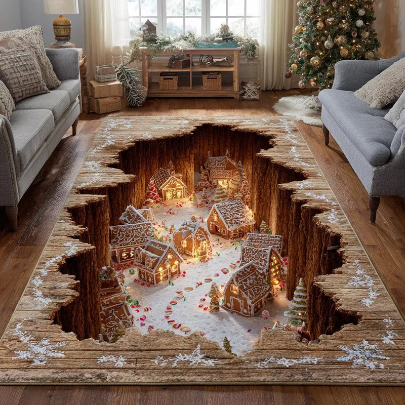 Optical Illusion Rug, 3D Gingerbread Village Area Rug, Christmas Floor Rug, Winter Holiday Accent Rug, Festive Gingerbread Home Decor Present