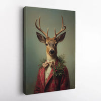 Vintage Christmas Buck Portrait Print, Dapper Deer Red Plaid Suit Canvas Wall Art, Rustic Holiday Lodge Decor, Winter Cabin Present