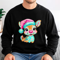 Brushstroke Holiday Crewneck, Retro Reindeer Christmas Sweatshirt, Colorful Deer Graphic Pullover, Merry Xmas Season Comfy Sweater