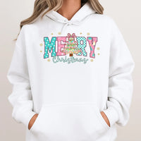 Pink Aesthetic Christmas Tree Sweatshirt, Merry Christmas Coquette Hoodie, Preppy Bow Holiday Pullover, Retro Xmas Hooded Sweater