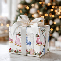 Fireplace Mantel Gift Wrap, Ice Skate Christmas Wrapping Paper, Watercolor Winter Skater Wrapping Paper, Holiday Gift Wrap Roll