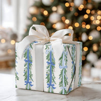 Pine and Blue Bow Gift Wrap, Evergreen Garland Wrapping Paper, Holiday Garland Wrapping Paper, Winter Christmas Wrapping Paper Roll