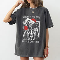 Coffee Drinking Skull Tee, Dead Inside Skeleton Christmas T-Shirt, Sarcastic Goth Holiday Shirt, Humorous Spooky Xmas Present for Men