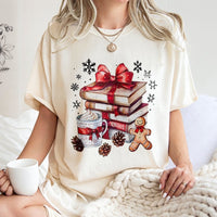 Holiday Book Stack Graphic T-Shirt, Christmas Book Lover T-Shirt, Gingerbread Coffee Reader T-Shirt, Comfy Bookish Christmas Tee Present