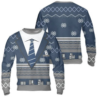 Blue Snowflake Graphic Pullover, Faux Suit and Tie Ugly Christmas Sweater, Tuxedo Holiday Party Sweatshirt, Humorous Fancy Formal Xmas Top