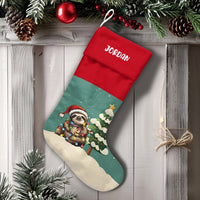 Santa Hat Sloth Holiday Stocking, Adorable Sloth Christmas Stocking, Personalized Name Christmas Stocking, Xmas Fireplace Decor Present for Kids