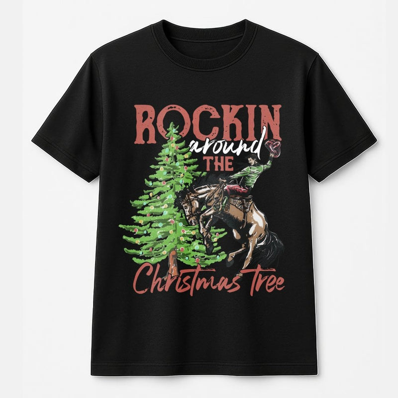 Western Cowboy Christmas T-Shirt, Rocking Horse Christmas Tree Shirt, Ranch Holiday Graphic Tee, Country Christmas Shirt, Horse Lover Present