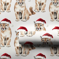 Santa Hat Mountain Lion Gift Wrap, Cougar Christmas Wrapping Paper, Holiday Wildlife Present Paper, Winter Big Cat Christmas Gift Wrap Roll