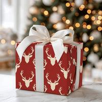 Rustic Cream Antler Holiday Gift Wrap, Red Stag Deer Wrapping Paper, Woodland Buck Christmas Present Paper, Cabin Christmas Wrapping Paper