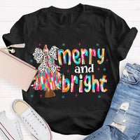 Festive Holiday Graphic Tee, Merry and Bright Tie Dye Tree Shirt, Christmas Tree T-Shirt, Retro Xmas Party Top, Family Holiday Present Tee