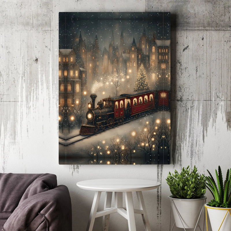 Snowy Winter Village Poster, Christmas Steam Train Wall Art, Holiday Season Locomotive Print, Festive Christmas Digital Download