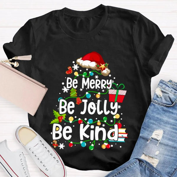 Santa Hat Fairy Lights Graphic Tee, Be Merry Be Jolly Be Kind Christmas T-Shirt, Holiday Family Shirt, Xmas Party Top