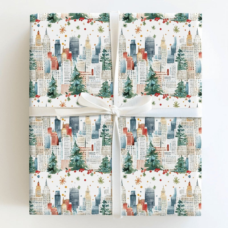 Watercolor NYC Urban Gift Wrap, Christmas City Skyline Wrapping Paper, Winter Pine Tree Present Wrap, Festive Holiday Packaging