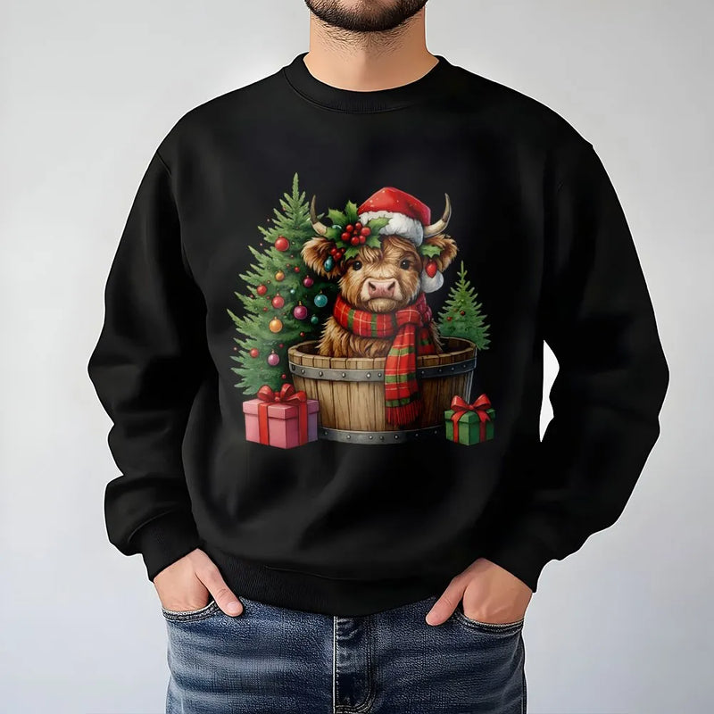 Santa Hat Cow Sweatshirt, Christmas Highland Cow Sweatshirt, Adorable Xmas Cow Crewneck, Festive Holiday Animal Sweater, Winter Present for Her