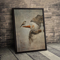 Winter Forest Bird Canvas Print, Rustic Snowman Canvas Wall Art, Whimsical Farmhouse Holiday Canvas Decor, Comfy Seasonal Christmas Present