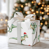 Watercolor TRex Dinosaur Gift Wrap, Dinosaur Christmas Wrapping Paper, Santa Hat Dinosaur Wrapping Paper, Kids Holiday Dinosaur Gift Wrap