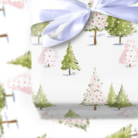 Pink Green Trees Holiday Wrapping Paper, Watercolor Christmas Tree Wrapping Paper, Festive Xmas Wrapping Paper Roll, Modern Winter Gift Wrap