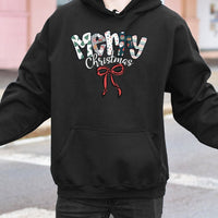 Patterned Lettering Holiday Hoodie, Merry Christmas Hoodie, Festive Winter Graphic Hoodie, Comfy Xmas Pullover Sweatshirt, Holiday Party Present