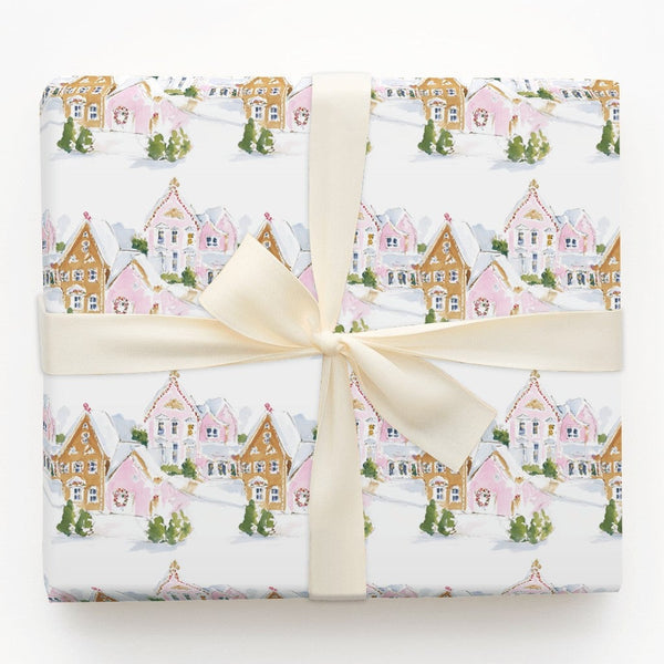 Watercolor Christmas Village Gift Wrap, Pink Gingerbread House Wrapping Paper, Whimsical Holiday Wrapping Paper, Adorable Xma